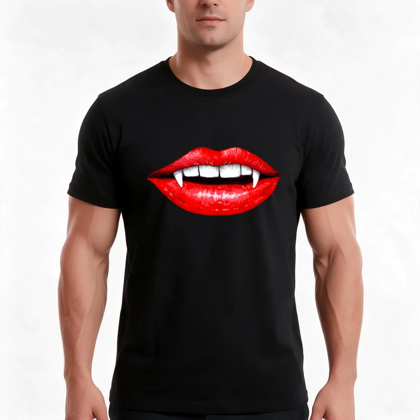 Full Vamp Lips T-Shirt, Summer Casual Cotton Tee, Oversized Streetwear Tops, Vintage Graphic Print, Loose Fit Short Sleeve