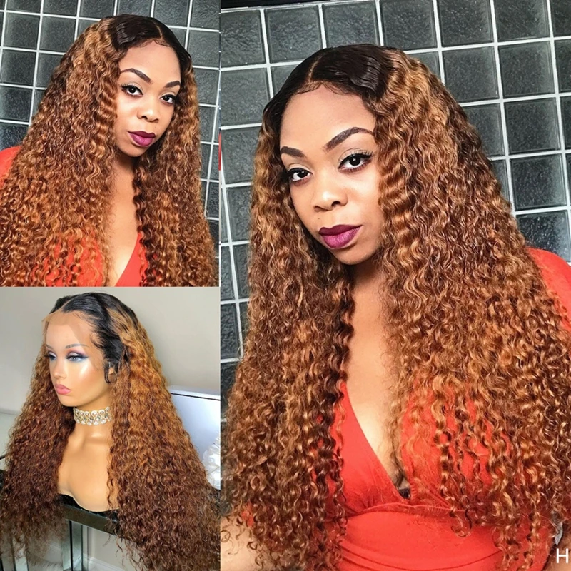 Ombre 1 b30 braune lockige Spitze Front Echthaar Perücken mit Babyhaar vor gezupft brasilia nischen Remy Haar 13x4 Spitze Frontal Perücke für Frauen