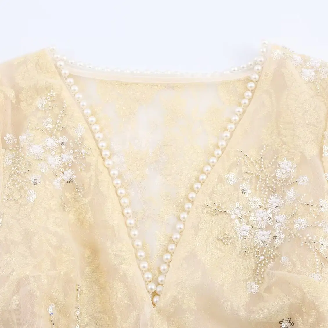 JNLEAOG Primavera delle Nuove Donne Faion Bead Bottone di Perle Copricapi Eleganza Lungo Sve Top Fibra di Poliestere V-ne Vestibilità Allentata