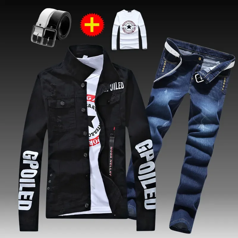 Men\'s Slim Fit Denim Jacket Pants 2pcs Set Long Sleeve Coats Letters Printed Casual Large Size Black White Red Boys Trousers