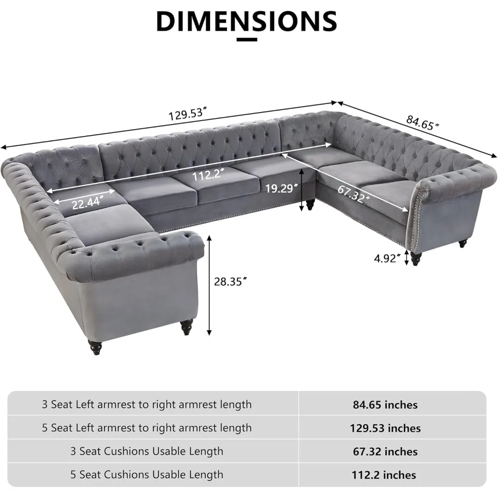 U-Shaped Sofa,Sectional Chesterfield Velvet Couch 9-Seater Upholstered Large Accent Tufted Sofa with Rolled Armrest and Nailhead