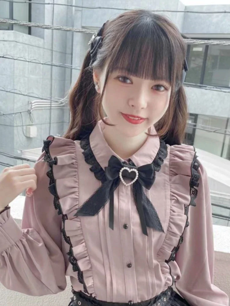 Y2k Pink Bow Blouse Women Japanese Kawaii Lace Ruffle Shirt Harajuku Cute Ladies Tops 2024 Lolita Blusas Femme Camisas Mujer