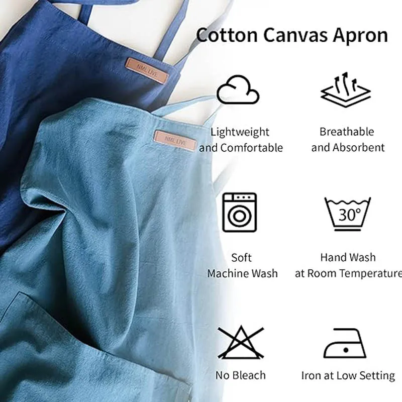 Japanese Korean Cotton Canvas Kitchen Apron with Pockets for Women Men Cross-back Cooking Pinafore for Home Restaurant Garden