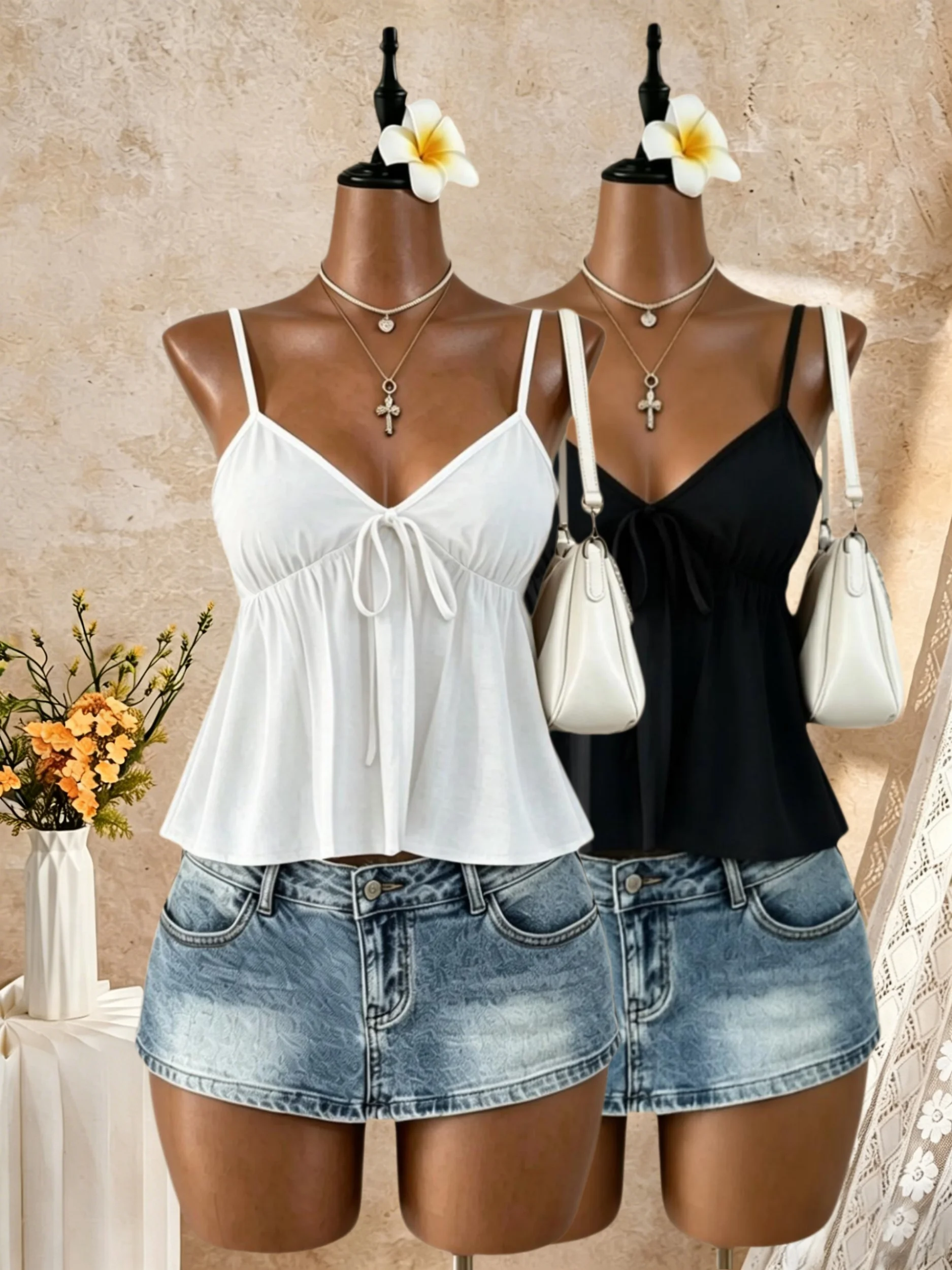 2 Pack Multi-color Women Spaghetti Strap V Neck Front Tie Gathered Waist Flared Peplum Cami Top 2026 Summer Y2K Casual Beach Vac