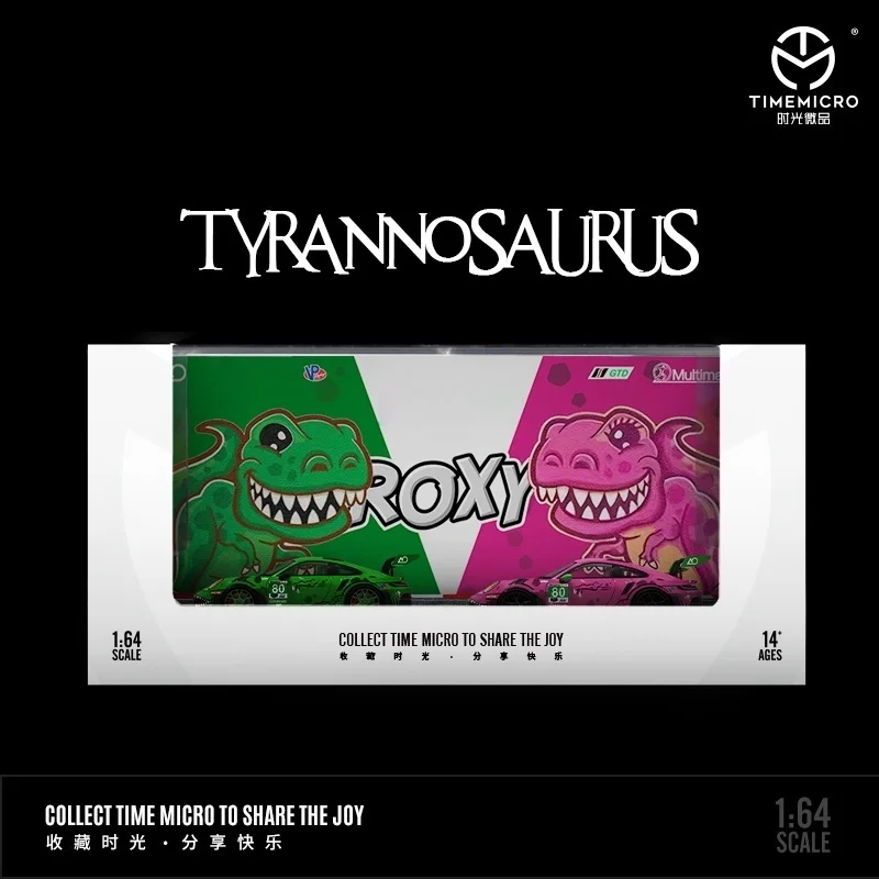 TimeMicro&StarRace 1:64 992 GT3 R Tyrannosaurus Modelo de liga rosa/verde *com capa contra poeira acrílica - em estoque