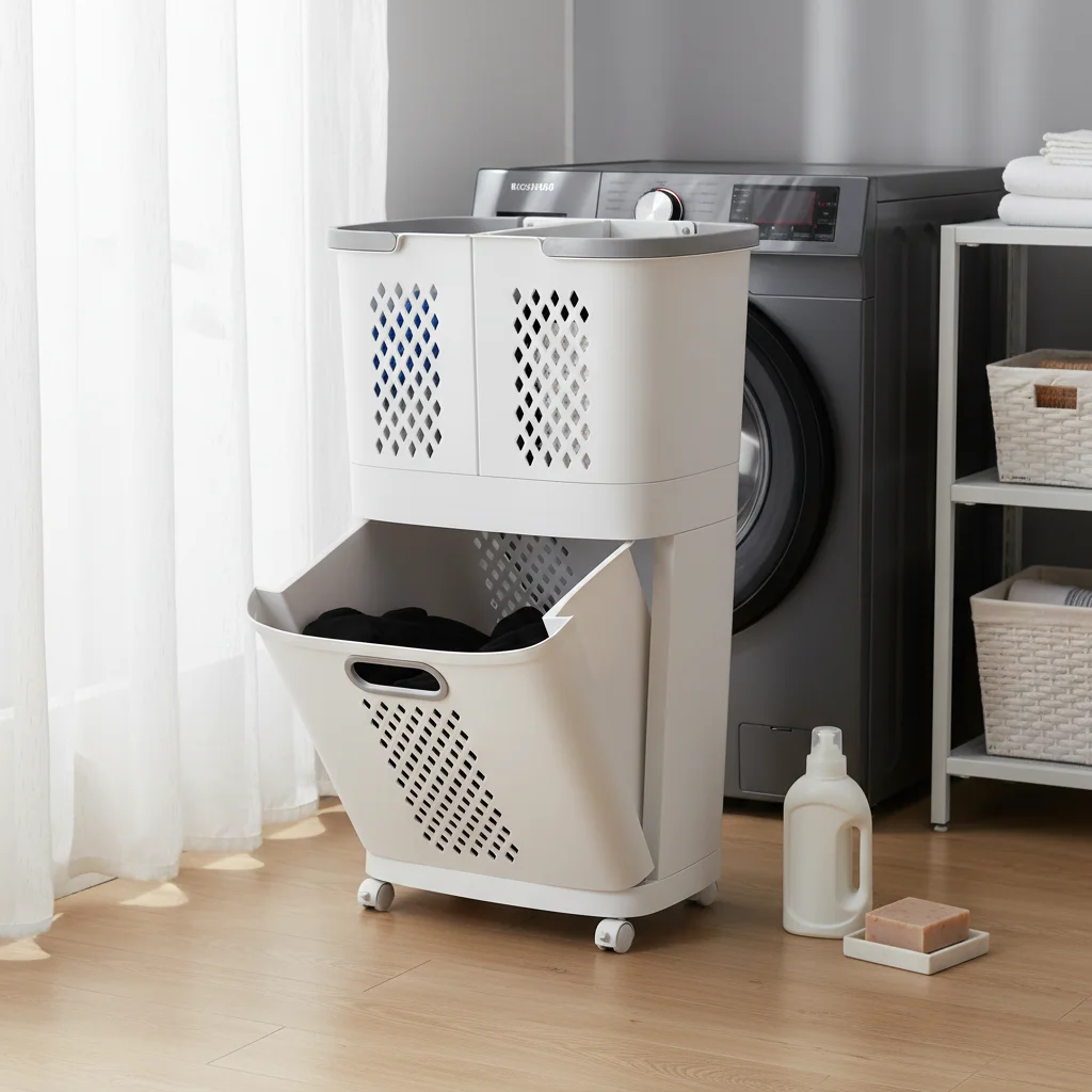  Cesta para la colada, cesta para la ropa de 2 capas con ruedas, cesta pequeña desmontable, organizador de ropa, cesto para la colada móvil con freno
