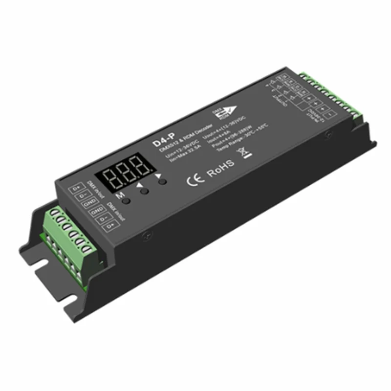 

D4-P 4 Channel PWM Constant Voltage DMX &RDM LED Decoder Controller Digital Display XLR3 RJ45 Port DC12-36V Input 8Ax4CH