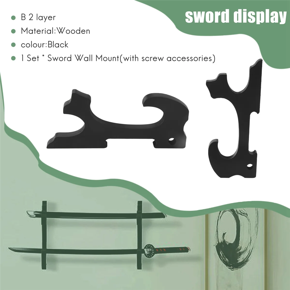 Sword Wall Mount 2/Set 1-Tier Padded Hook Katana Holder Adjustable Display Hanger for Samurai Sword Tanto,2-TierJAS