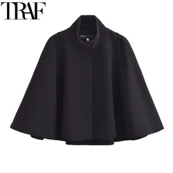 TRAF Women's Jackets Autumn Cropped Black Jacket Woman Outerwears Cape Loose Fit Winter Coats For Women Elegant Short Coats