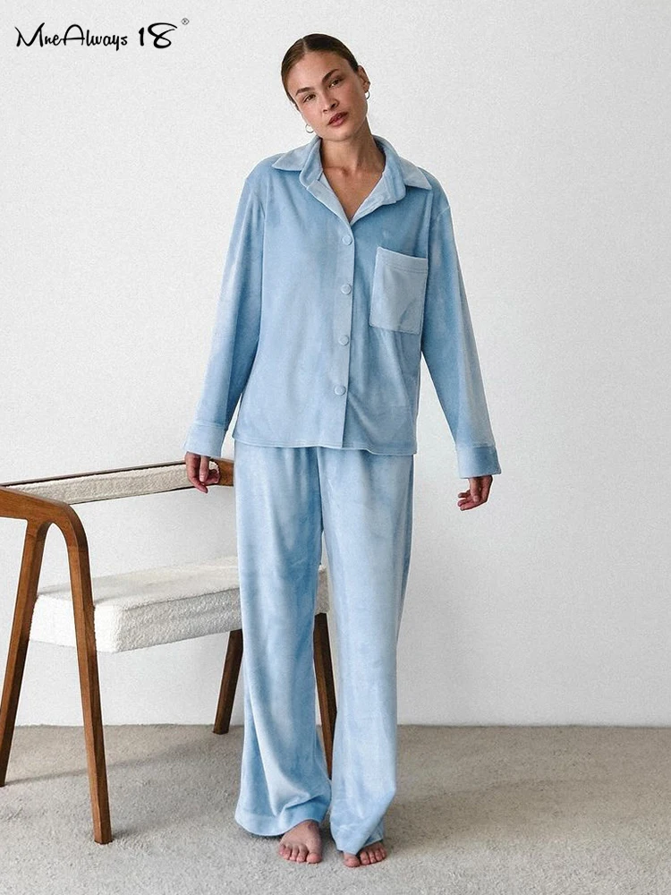 Mnealways18 Blue Velvet Pants Sets Women Two Pieces Homewear 2024 Notched Shirts And Wide Legs Pants Sleepwear Outfits Ladies