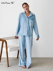 Mnealways18 Blue Velvet Pants Sets Women Two Pieces Homewear 2024 Notched Shirts And Wide Legs Pants Sleepwear Outfits Ladies