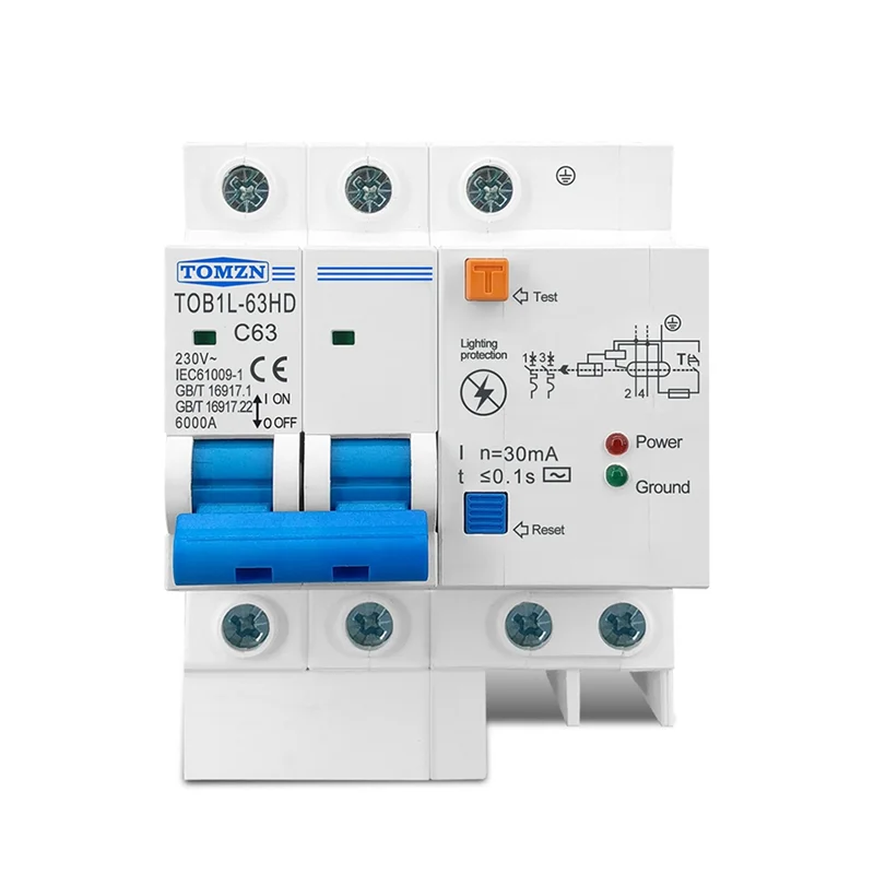 RIRI TOMZN Residual Current Circuit Breaker สวิตช์หลักพร้อมตัวป้องกันไฟกระชาก RCBO MCB พร้อม Lightning-Protection SPD 63A