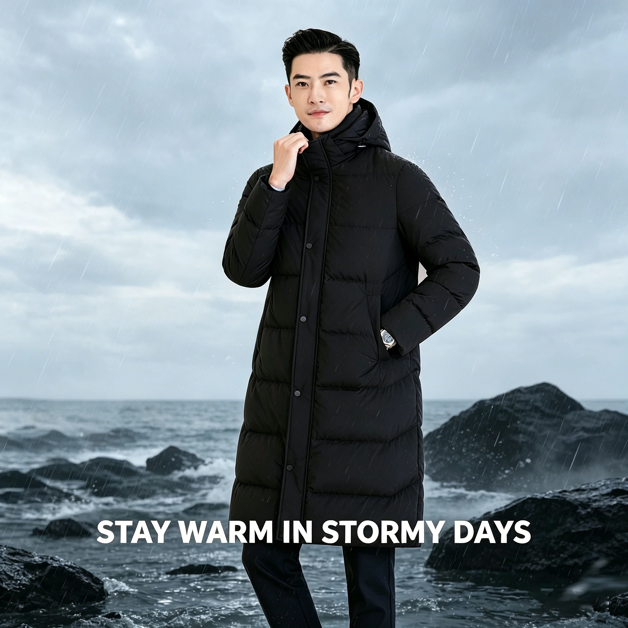 

100% Polyester 90% White Duck Down Filled Long Hooded Jacket, Winter OverCoat