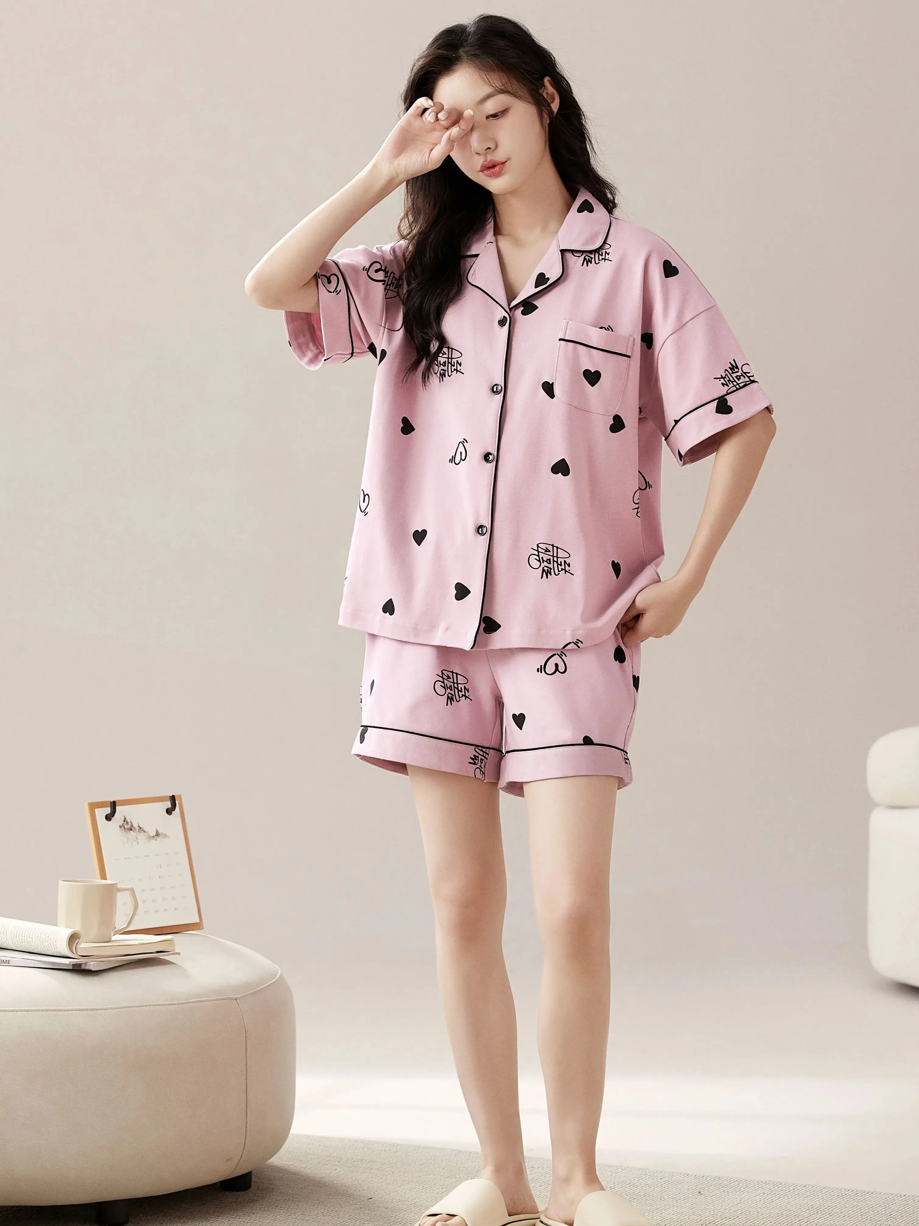 Short Sleeve Lounge Wear Pajamas Women Sleepwear Pyjamas Sleepwear Cotton With Pockets Sleep Nightwear Women\'s Heart Sets