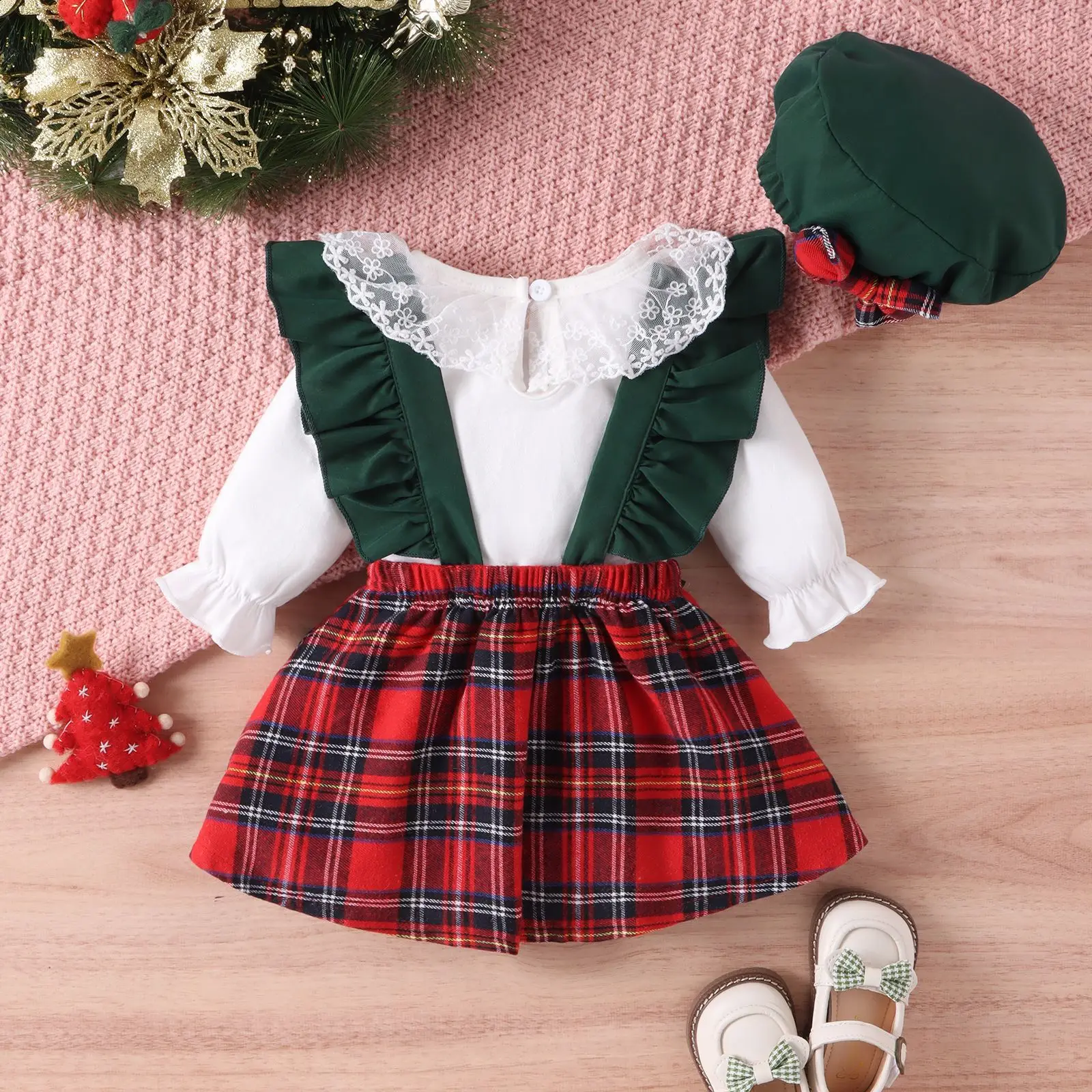 Christmas Children's Clothing Lace Bow Plaid Strap Skirt Lace Fart Long Sleeve Hat Baby Girl Suit