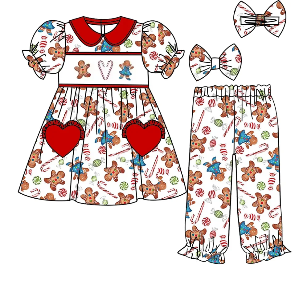 Christmas Boutique Children Set Short-Sleeved Elastic Gingerbread Man Candy Print Trouser Girl Boy Long-Sleeved Set Baby Robe