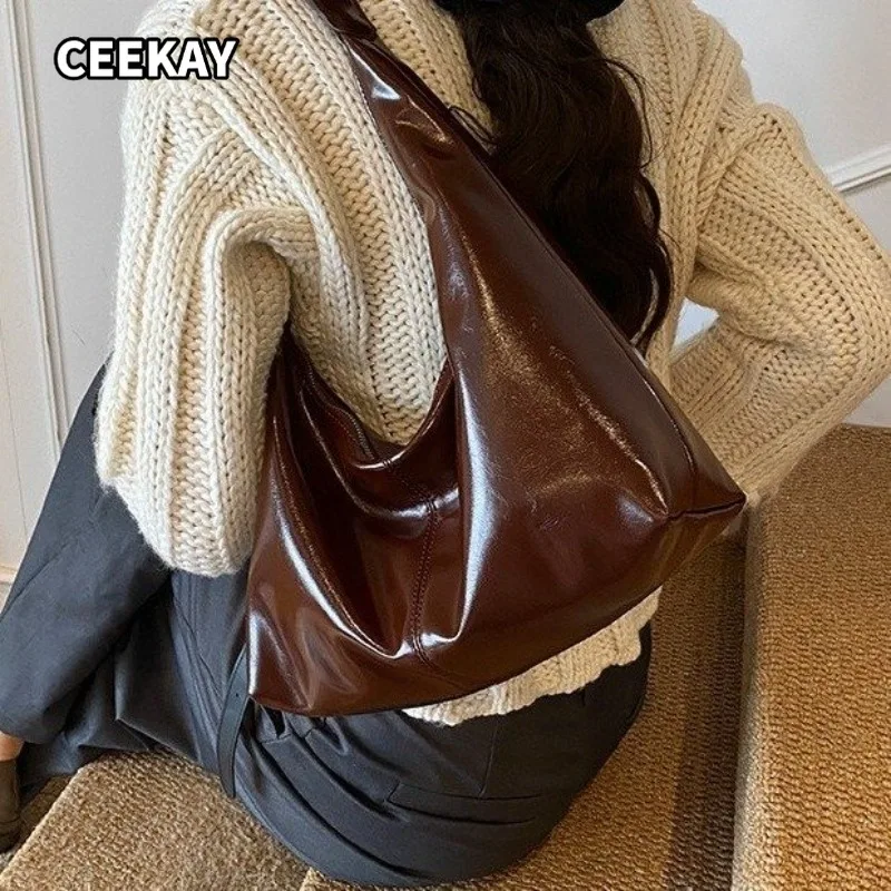 CEEKAY Women's Hobo Bag Burgundy Glossy PU Leather Large Capacity Shoulder Handbag Zipper Closure Daily Casual Style