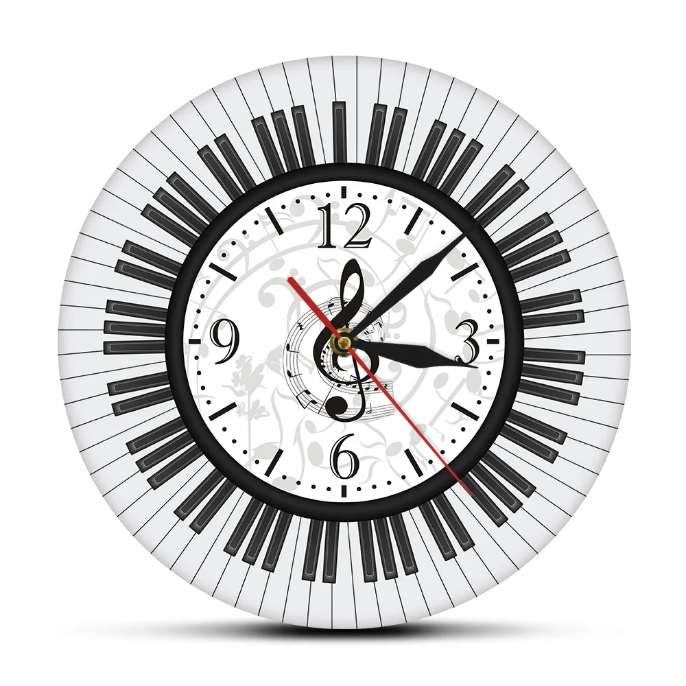 Piano Keyboard Printed Acrylic Wall Clock For Music Studio Treble Clef Wall Art Musical Notes Home Decor Wall Watch Pianist Gift