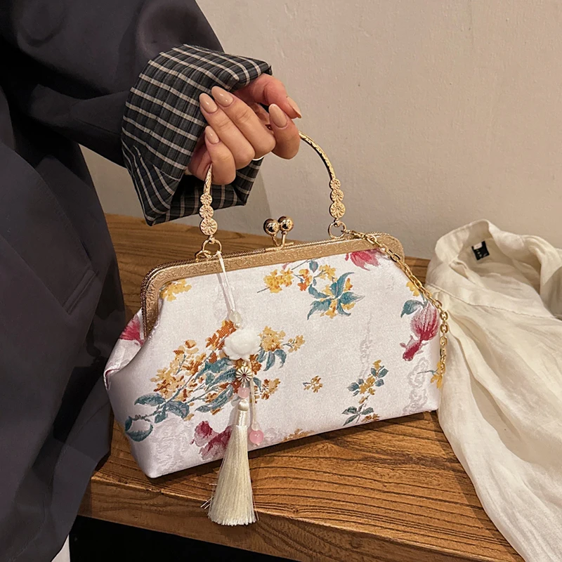 

Chinese Style Floral Satin Kiss-Lock Bag Tassel Charm 2-in-1 Crossbody Vintage Elegant Casual Daily Dating Handbag for Women
