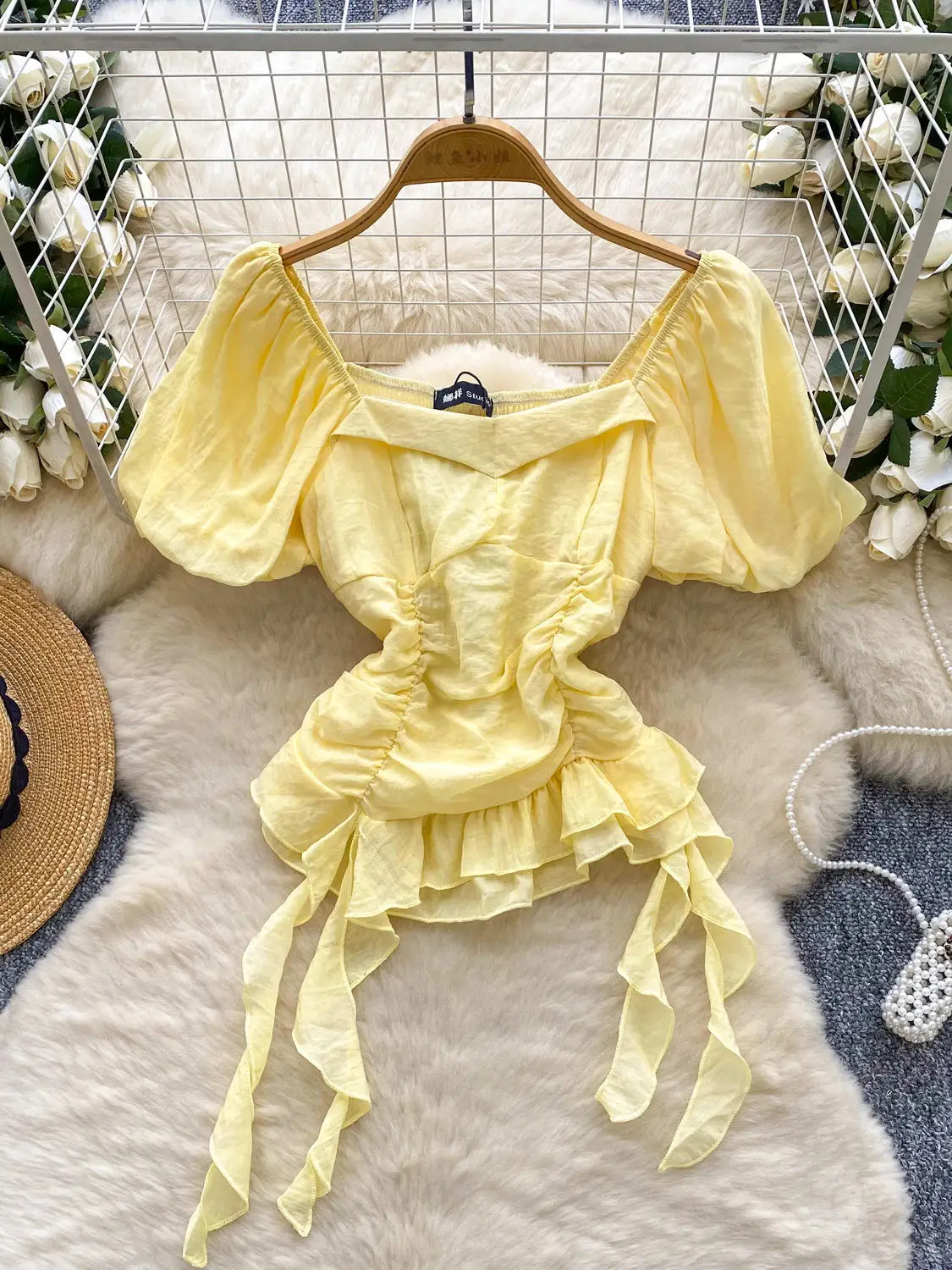 

2026 Summer Dopamine Puff Sleeve Blouse Women, Ruffle Pleated Tie Strap Cute Fashion Versatile Daily Casual Street Lady Top