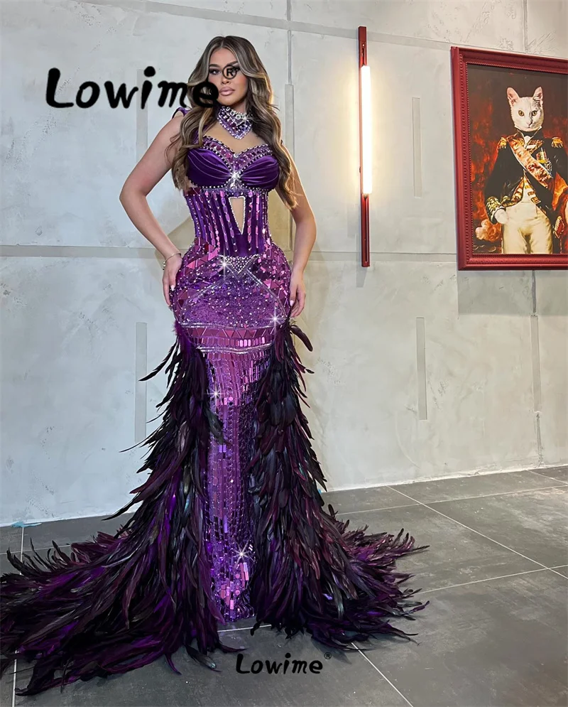 

Feathers Mermaid Luxury Celebrity Dresses Purple Long Prom Dress Full Crystals Party Second Reception Birthday Engagement Gowns