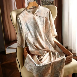 2024 Chinese Style Dress Women's New Summer Short-sleeved Vertical Collar Fashionable Casual Printed Satin Dresses