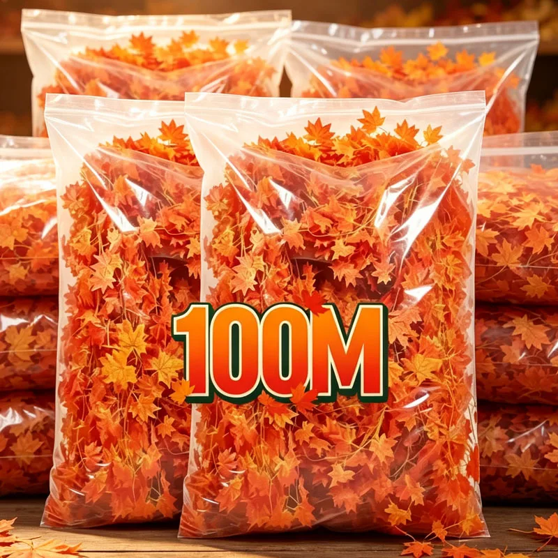 100m Fall Leaf Garland, Hanging Vines Garland Artificial Fall Maple Leaves Thanksgiving Decor for Home Wedding Fireplace Party