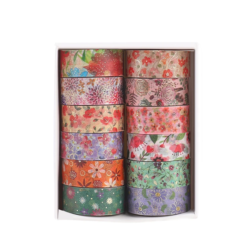 12Pcs Flowers Washi Tapes Gold Foil Decorative Adhesive Tape Journal Supplies Masking Tape Diary Scrapbooking Washi Tape Set