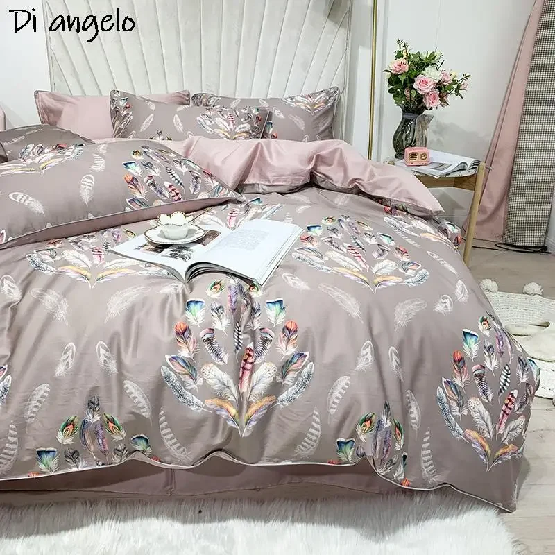 Nordic Feather Leaves Series Duvet Cover Set Luxury 600TC Egyptian Cotton Bed Linens Bedding Set Flat Sheet Double Queen King #