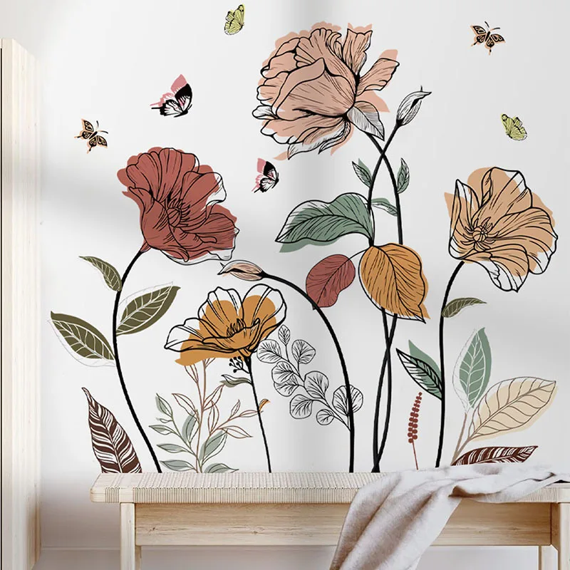 1 Set Bohemian Flower Wall Stickers, Wild Flowers, Grasses, Fruits and Leaves, Stick-on Wall Art Decals, For Living Room, Be view 5