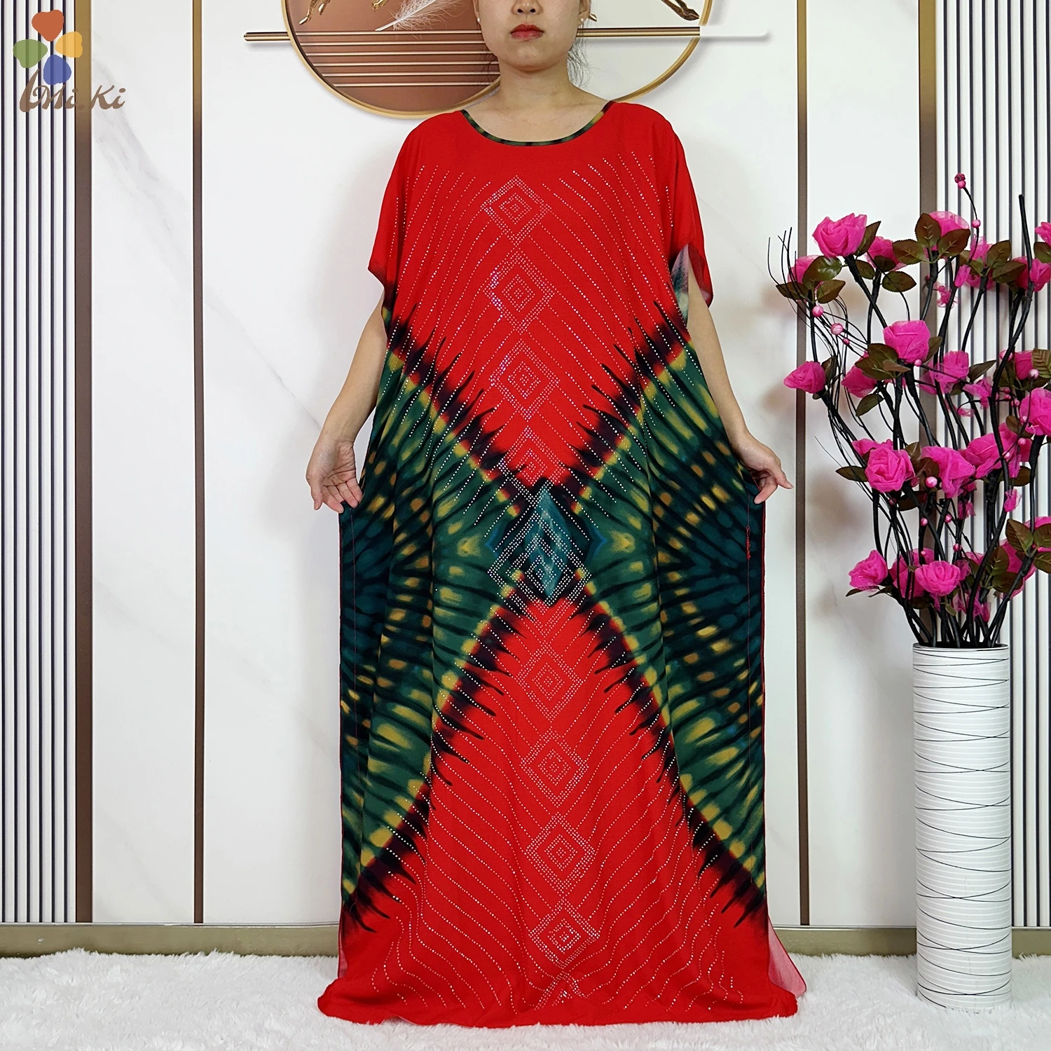 Muslim Fashion Women Loose Dress Diamond Printed Cotton Robe African Abaya Dress Islamic Women Clothing Paired with Big Scarf