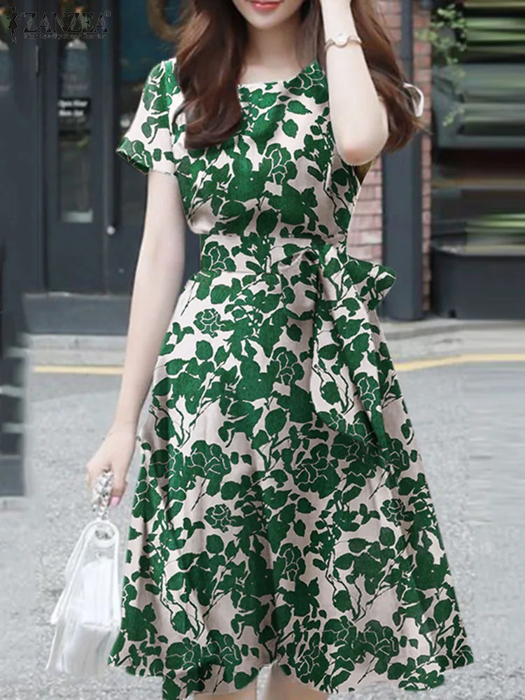 ZANZEA Summer Short Sleeve Floral Dress Women Elegant Work Sundress Bohemain Stylish Party Vestido Casual Knee-length Robe Femme