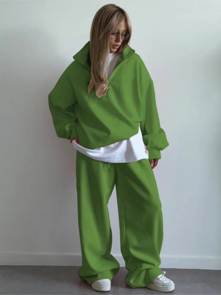 

Female Sweatshirt+pants Two-piece Set Woman Fashion Solid Color Half-open Collar Hoodie Wide-leg Pants Suits Winter Lady Outfit