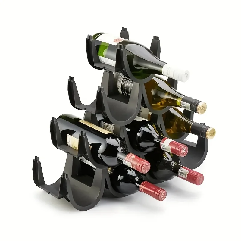 10-Bottle Black Plastic Countertop Wine Rack, Modern Holder for Kitchen, Bar, Cabinet & Pantry Storage