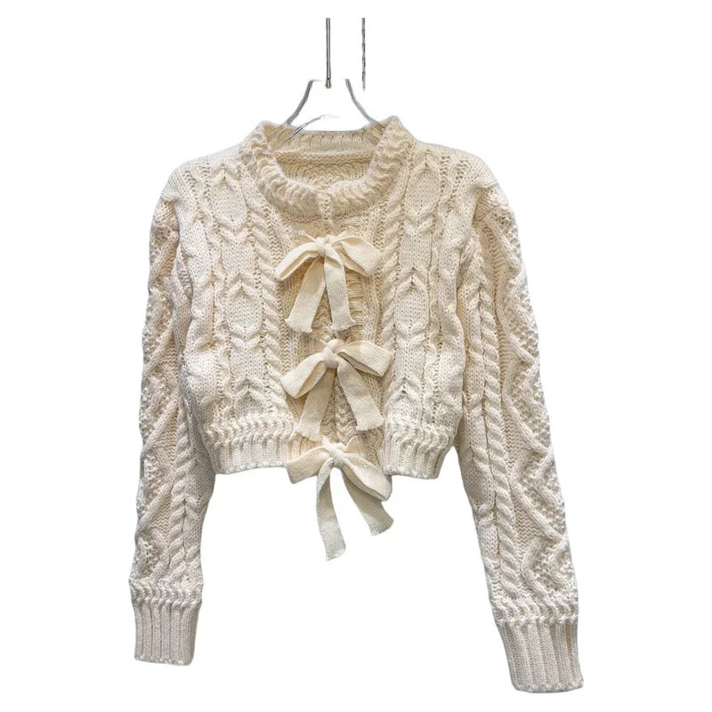 Short Apricot Sweater Women 2024 Winter New Sweet Age-reducing Bow Straps Woven Thick Wool Knitted Sweater Cardigan Top