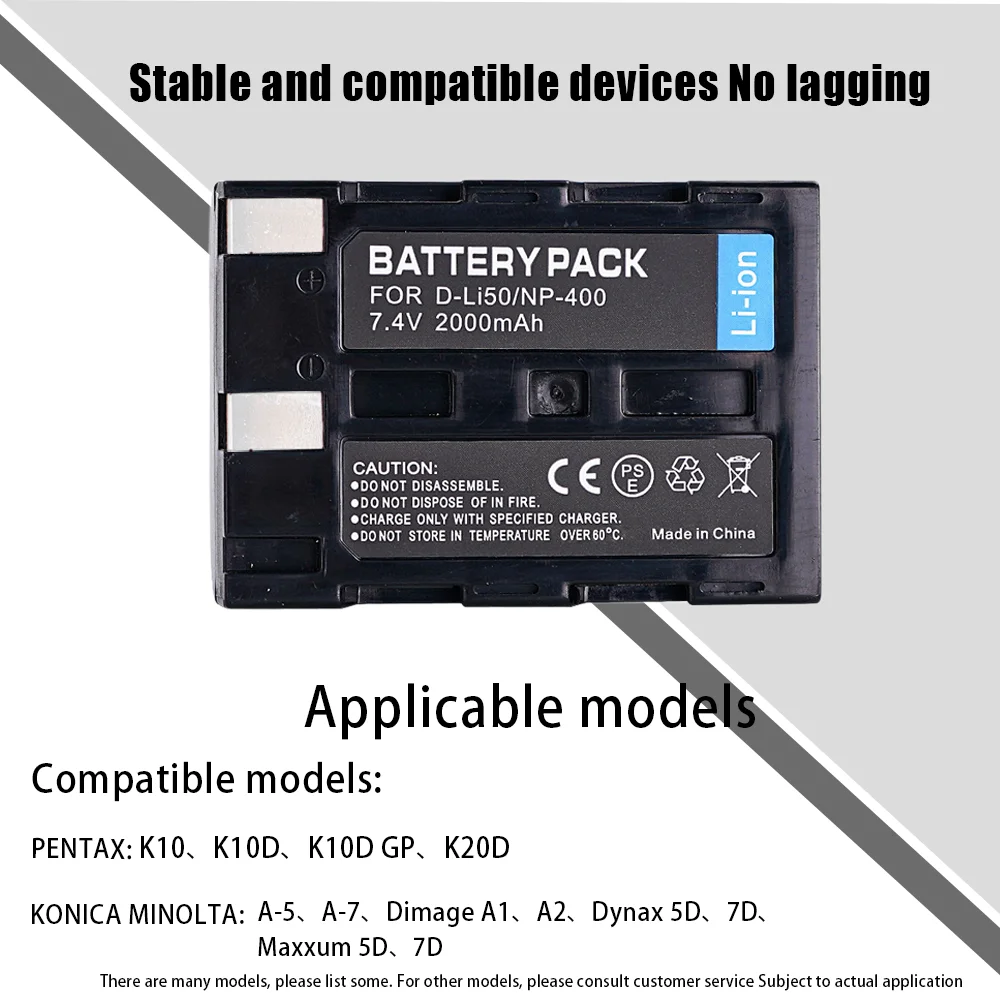 D-Li50 NP-400 2000mAh Akumulator do aparatu Konica Minolta DiMAGE A1 A2 Pentax K10D K20D Dynax 5D 7D Sigma SD15 SD14 — zdjęcie produktu 6
