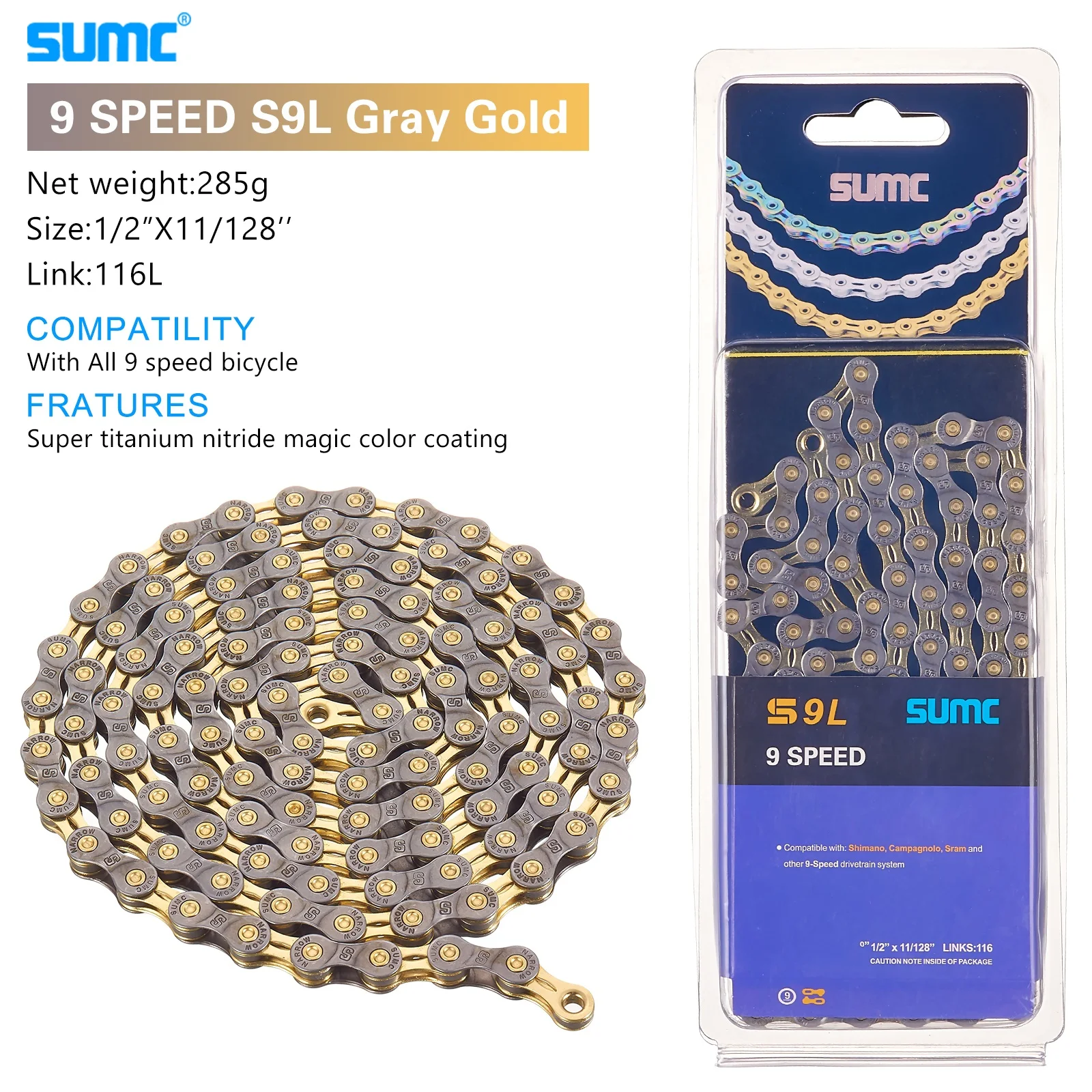 Bicycle Shifting Chain SUMC Mountain Road 8 9 10 11 12 Speed Hollow Ultra Light Gold Chain 251g with Missinglink M8000 M6000