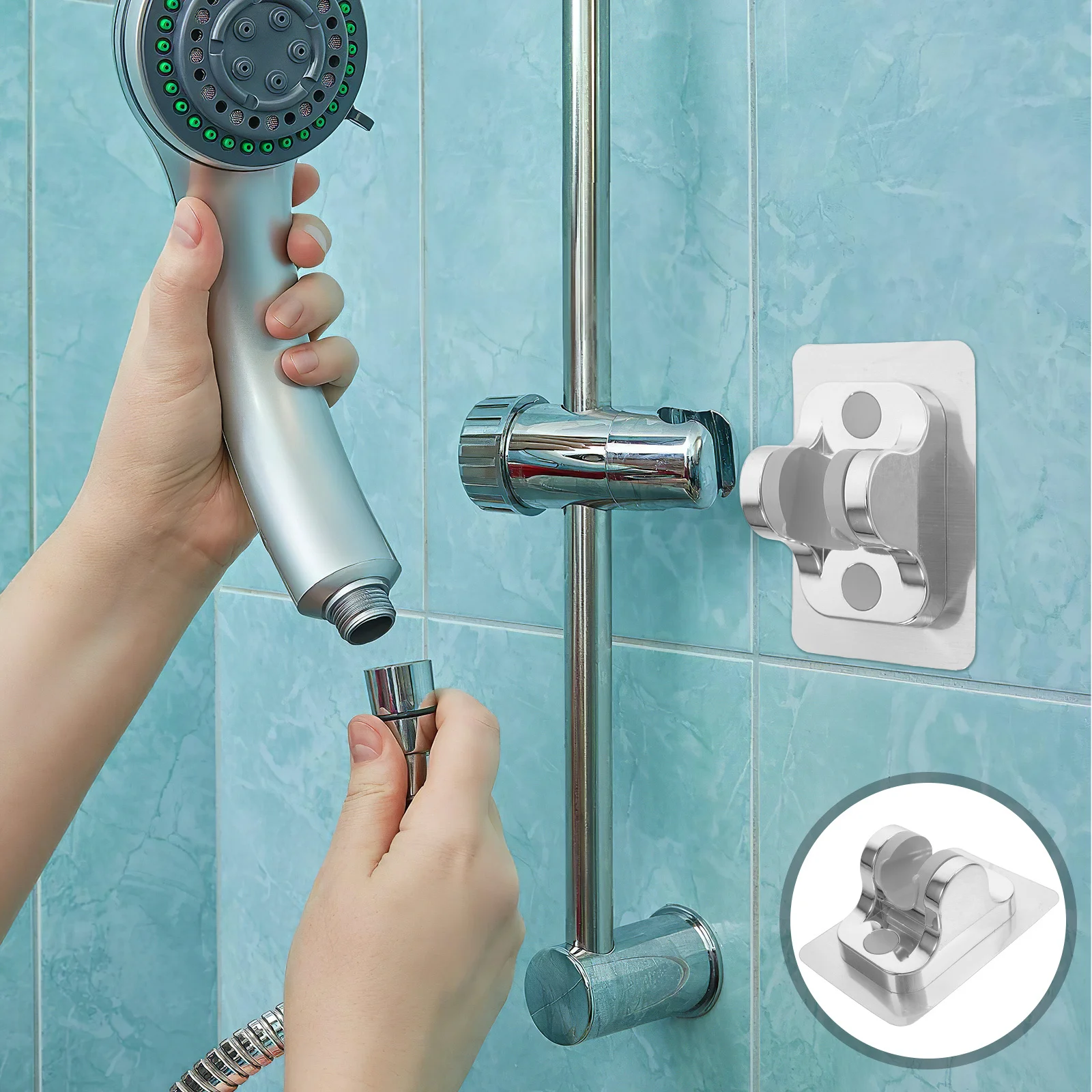 

2Pcs Nodrill Shower Head Bracket Adjustable Wall Mount Holder for Handheld Bathroom Supplies Silver Shower Hanger