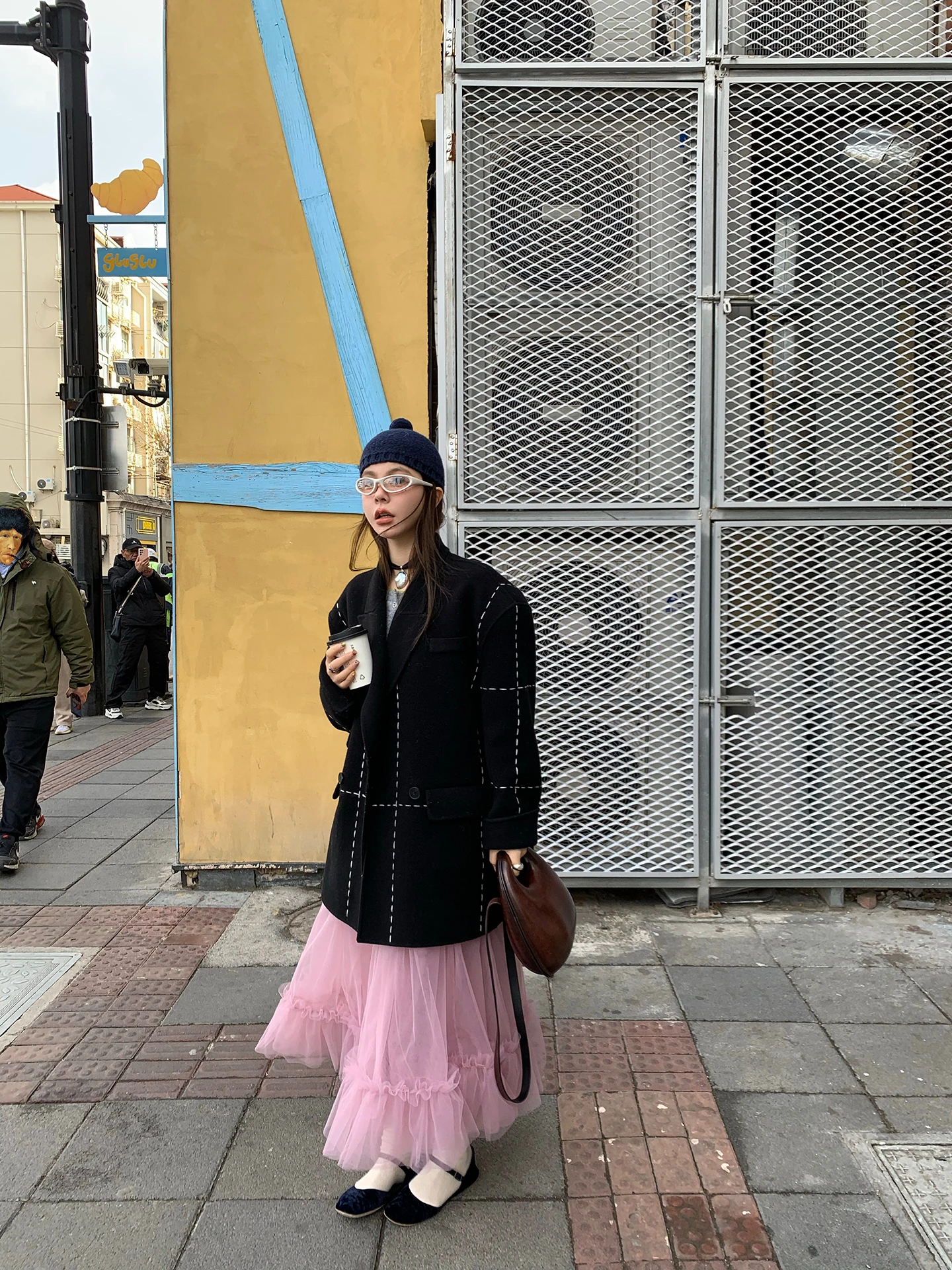 

Le Rouge Double-Faced Woolen Coat Handmade Color Blo Bla White Commuter Sle Vintage Flip Collar Long Sve Women's