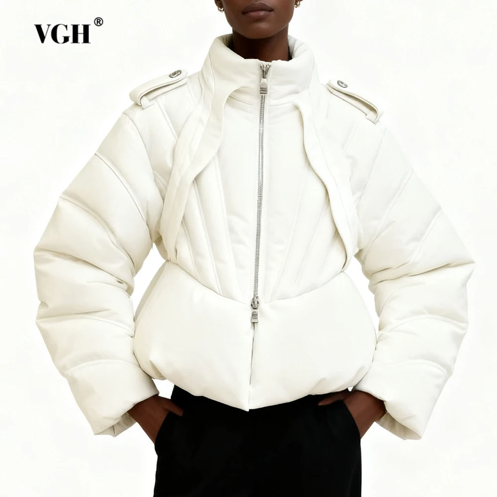 

VGH Solid Slimming Temperament Down Jackets For Women Round Neck Long Sleeve Spliced Zipprt Winter Warm Casual Jacket Female New