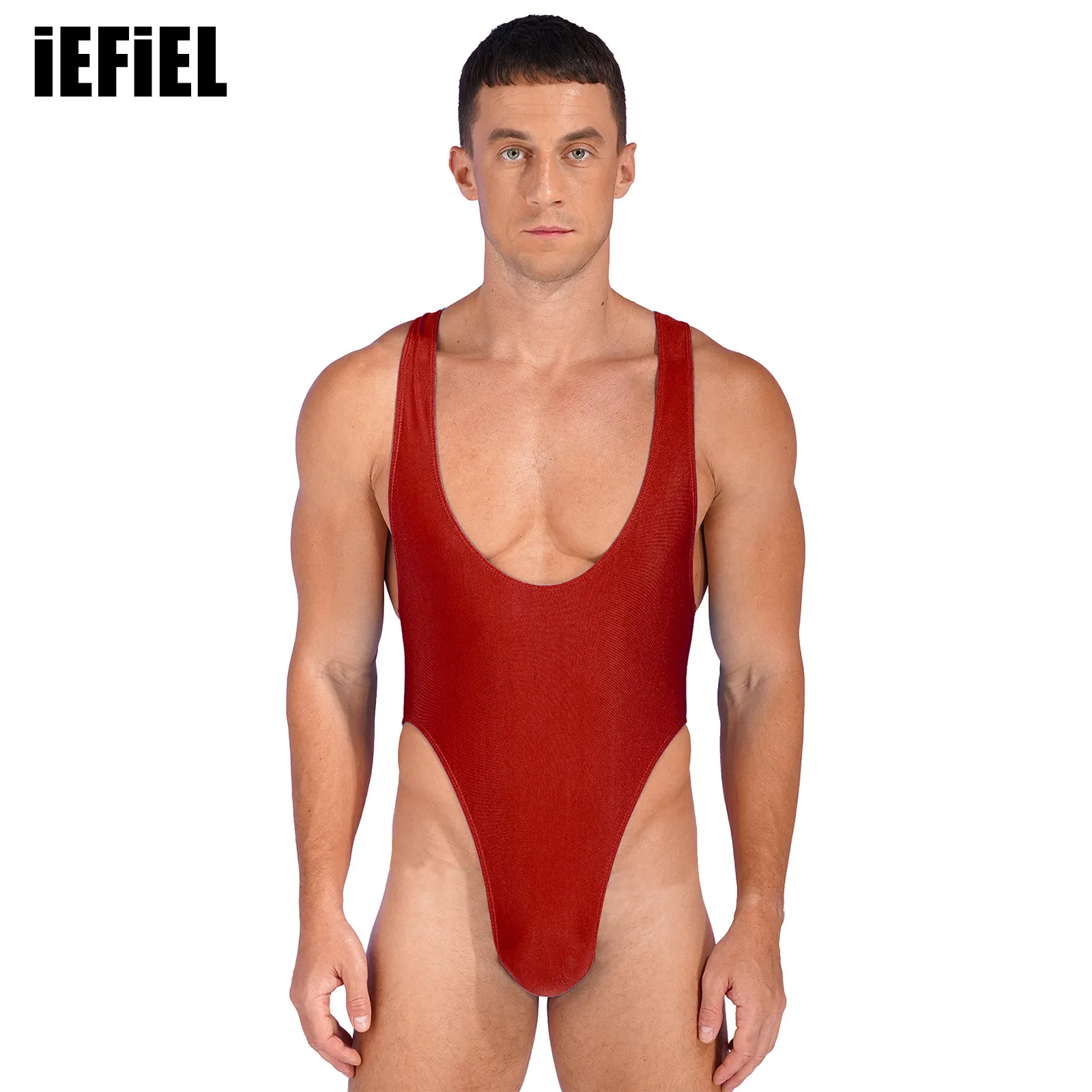 

Mens One Piece Sleeveless Deep U Neck Bodysuit Solid Color High Cut Leotard Swimsuit