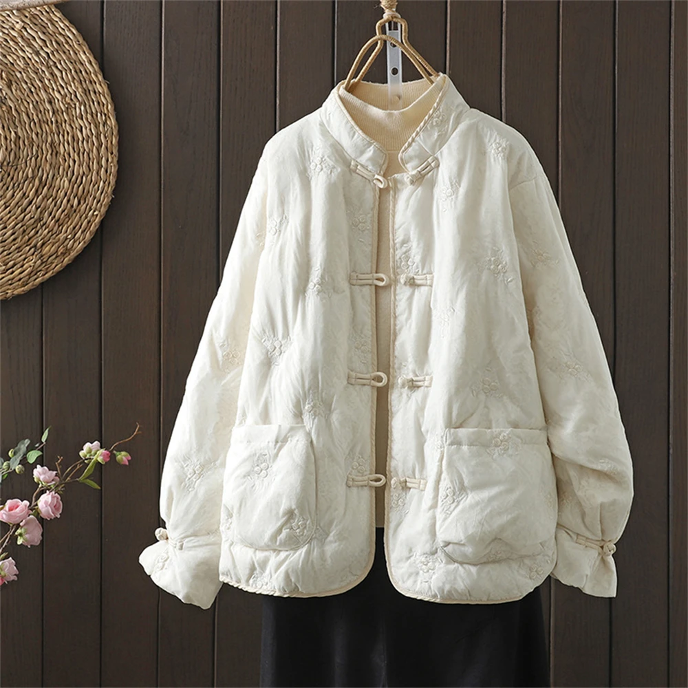 Women's New Chinese National Style Loose Cotton-padded Jacket Winter Casual Stand-up Collar Embroidered Thick Retro Buckle Coat