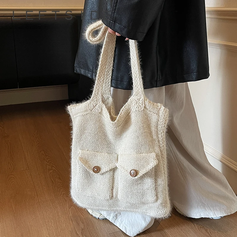 

LEFTSIDE Design Weave Knitting Weave Shoulder Bag 2025 Winter New Trend Solid Color Tote Bag Travel Handbags and Purses