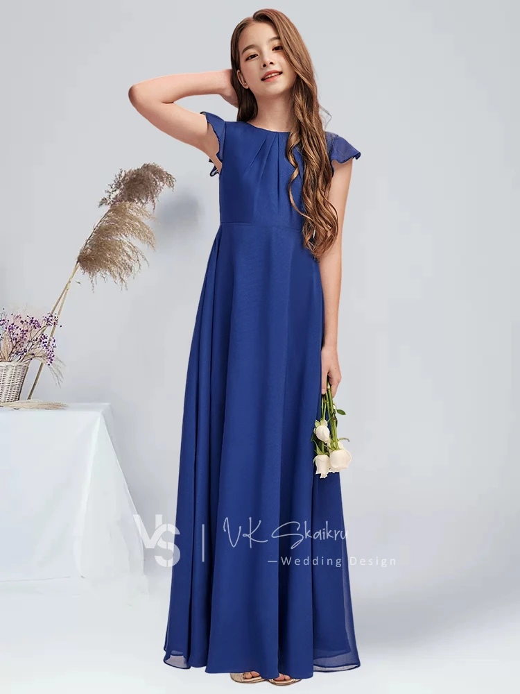 A linha colher até o chão chiffon júnior vestido de dama de honra longo vestido de menina de flor festa para casamento crianças vestido de comunhão júnior