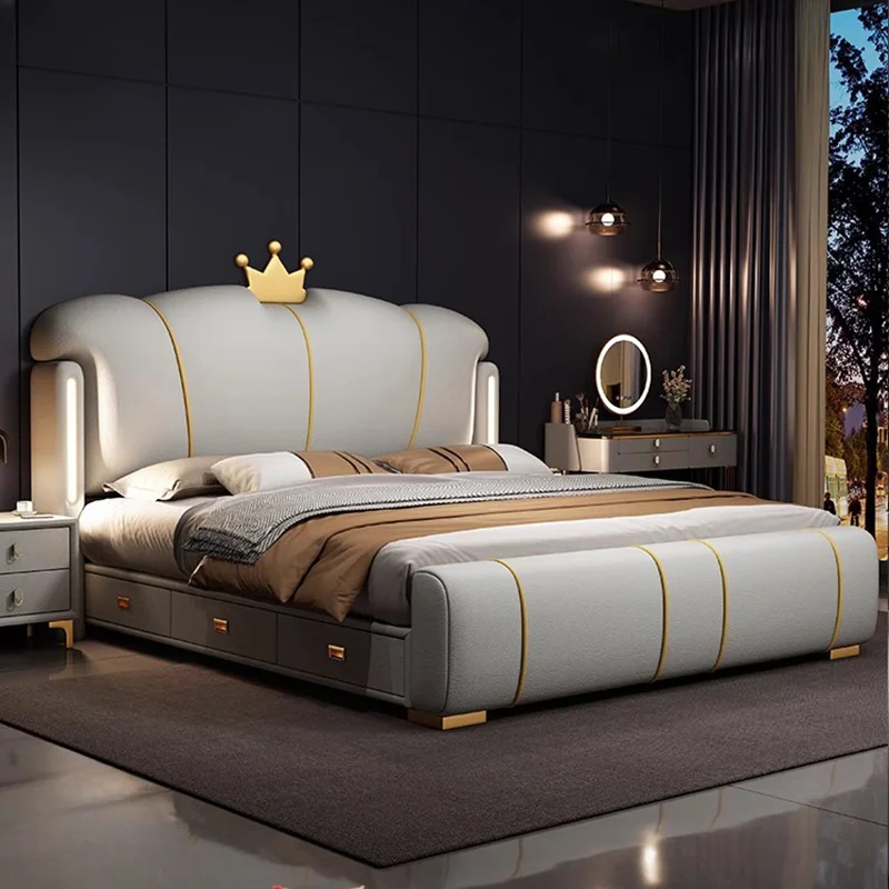 

Pretty Luxury Double Bed Frame Elegant Italian Modern Leather Bed King Size Villa Cama Matrimonial Bedroom Set Furniture