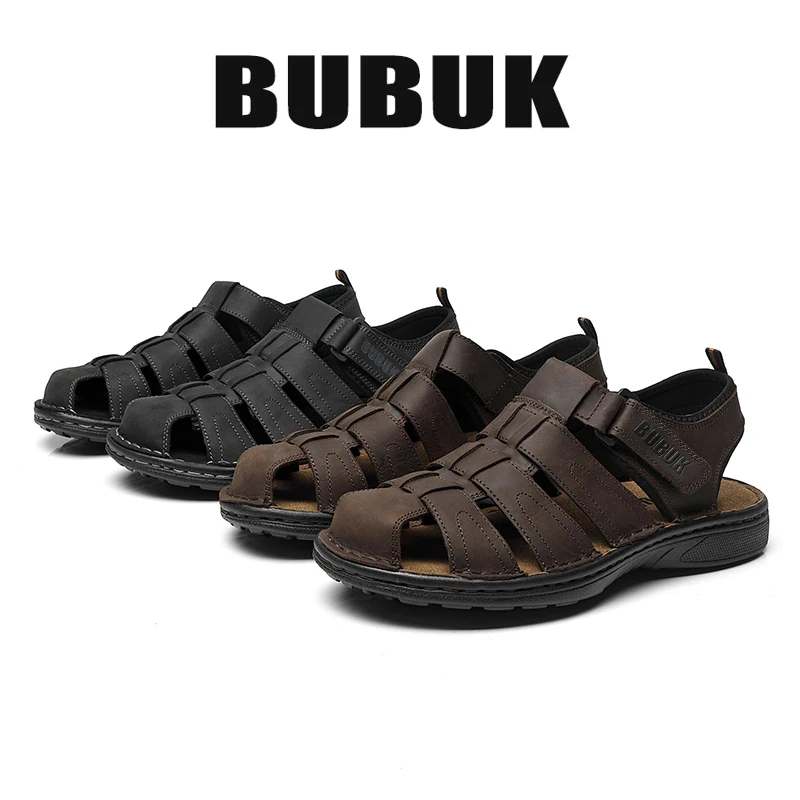Bubuk Men's Outdoor Sandals with Top Layer Cowhide Leather, Summer Non-Slip Thick-Soled Casual Roman Shoes, Urban Hiking and River Trekking Wear-Resistant Genuine Leather Sandals