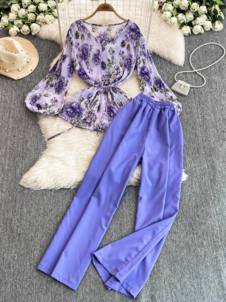 

Ele Floral Print irt And High Waist Wide Leg Pants Women's Loose Fitting Waist Cinched Pleated Long Sve V Ne Set