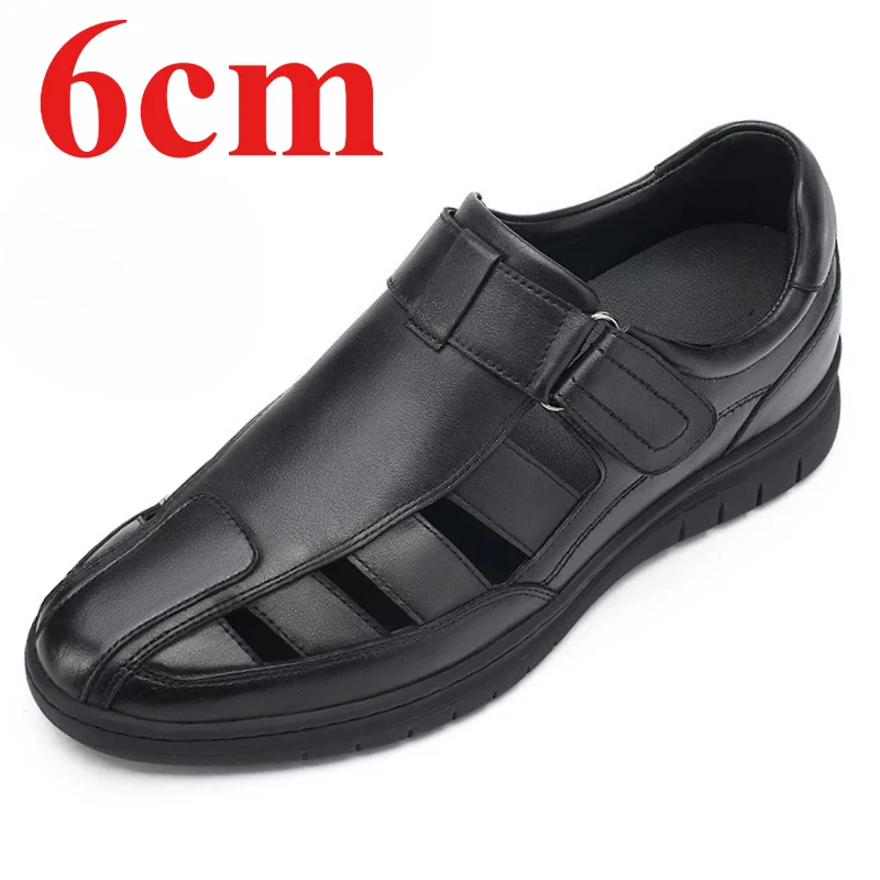 Summer Sandals Shoes Men's 6cm Invisible Elevator Shoes Genuine Leather Breathable Hollow Hole Large Hole Height-increasing Shoe