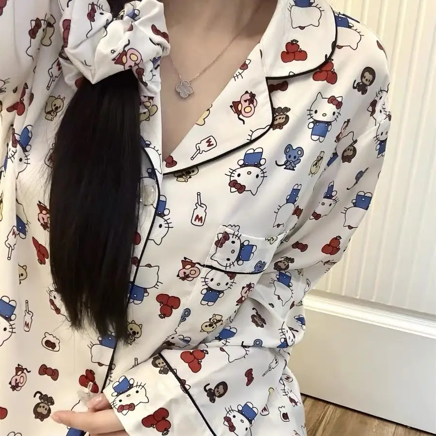 Hello Kitty Print Pajama Set for Women Spring Autumn Cartoon Long Sleeve Trousers Sleepwear Casual Loungewear Homewear Outfit