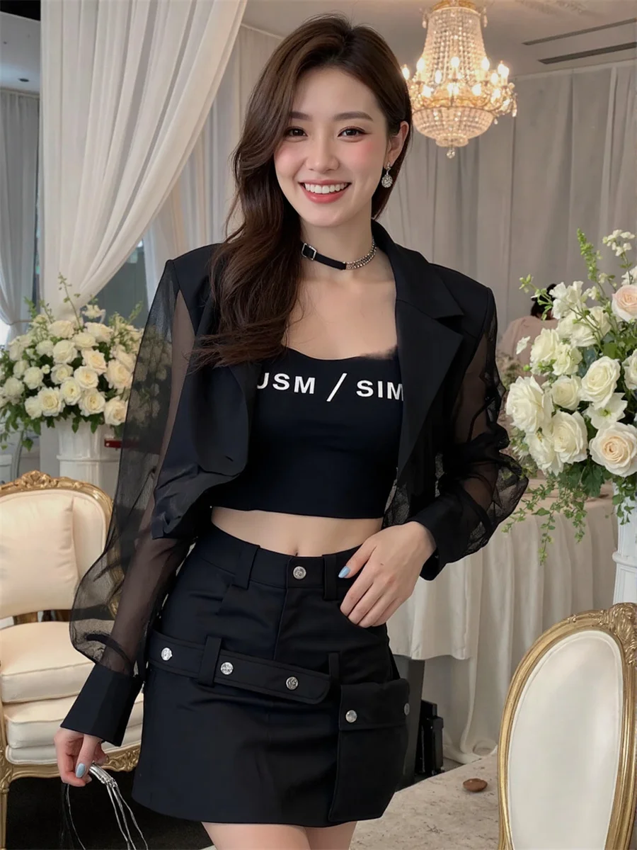 

Sun-proof Cropped See-through Back-Slit Blazers Elegant Woman Clothes For Women Workplace Flip Protection Thin Retro Embroidery